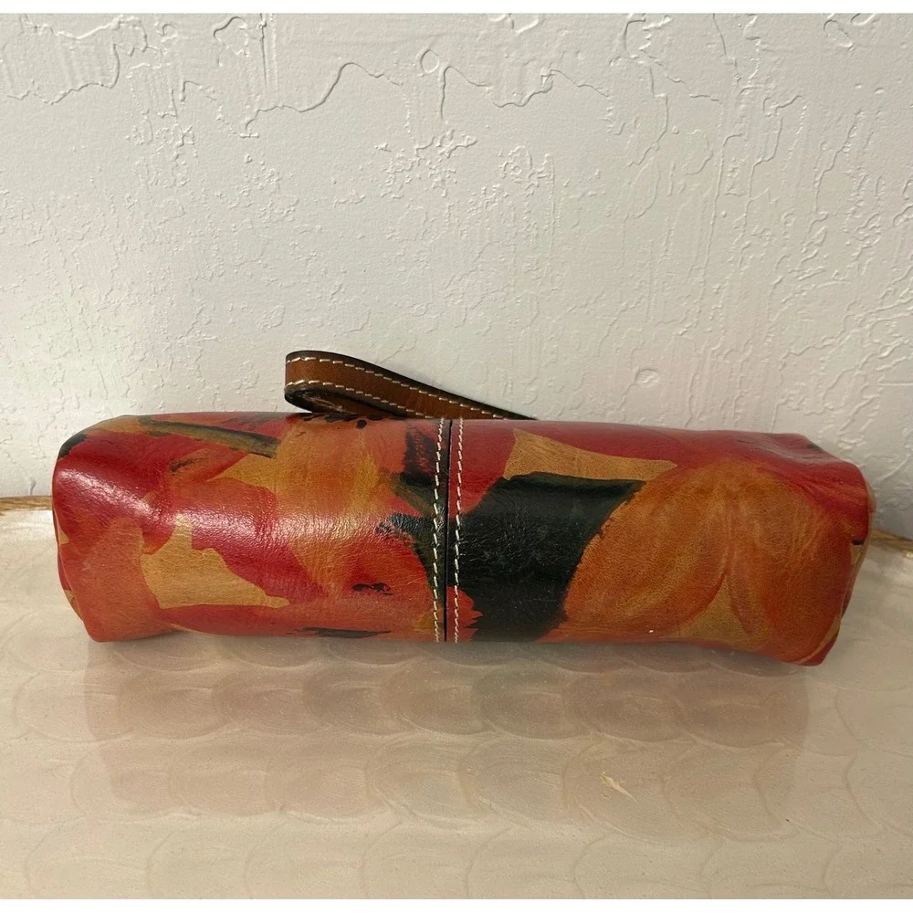 Patricia Nash Leather Floral Cylinder Wristlet Pouch Red Orange